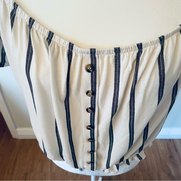 VINTAGE On/Off Shoulder Off White Top - Black Strip - Waist Elastic - Size L - Picture 11 of 11